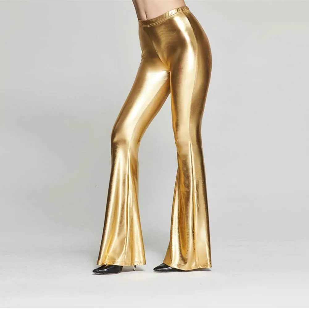 IWEMEK Women Shiny Metallic Bell Bottom Bootcut Palazzo Leggings 70s Disco Wide Leg Pants High Waist Dance Yoga Trousers