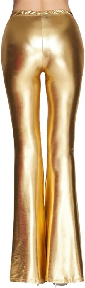 IWEMEK Women Shiny Metallic Bell Bottom Bootcut Palazzo Leggings 70s Disco Wide Leg Pants High Waist Dance Yoga Trousers
