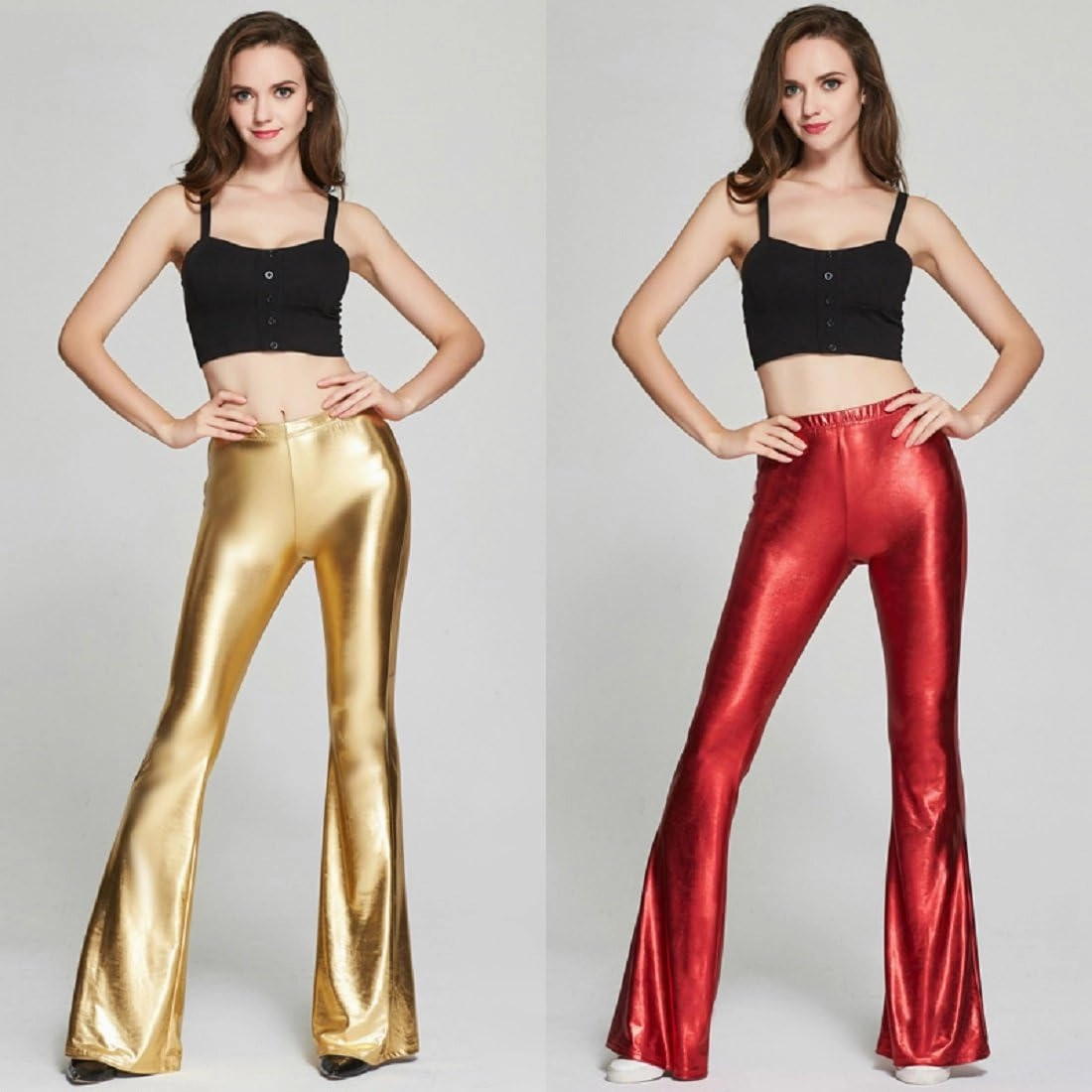 IWEMEK Women Shiny Metallic Bell Bottom Bootcut Palazzo Leggings 70s Disco Wide Leg Pants High Waist Dance Yoga Trousers