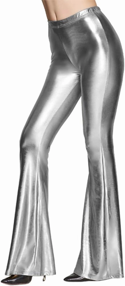 IWEMEK Women Shiny Metallic Bell Bottom Bootcut Palazzo Leggings 70s Disco Wide Leg Pants High Waist Dance Yoga Trousers