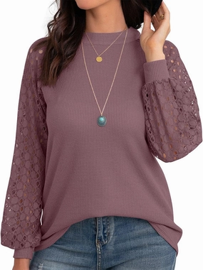 IWOLLENCE Women's Waffle Knit Blouse Puff Long/Short Sleeve Lace Tops Casual Loose T Shirts