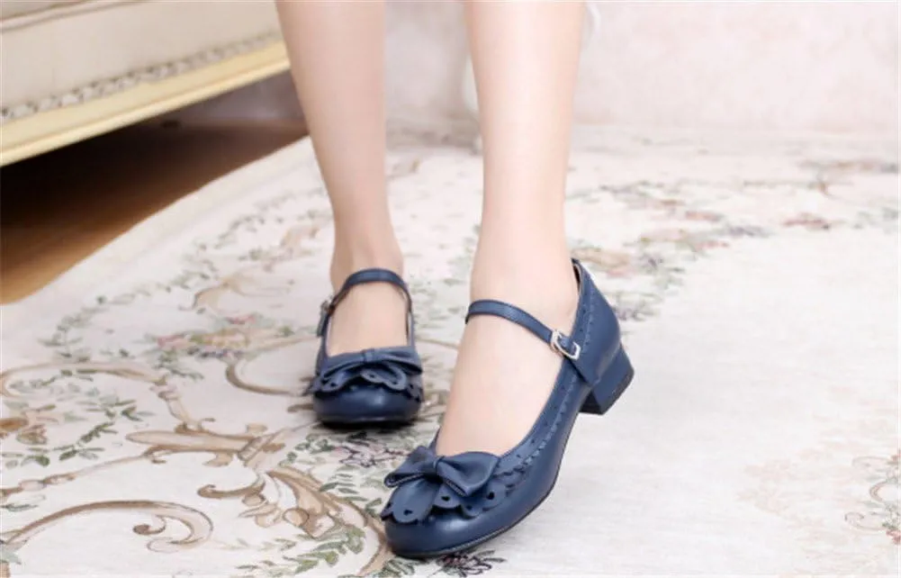 Japanese Sweet Lolita Tea Party Shoes Flounce Trim Bowtie Mary Jane Low Heel Shoes