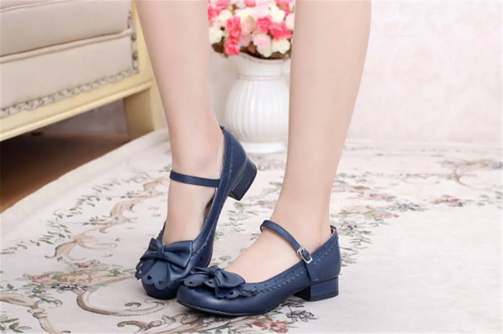 Japanese Sweet Lolita Tea Party Shoes Flounce Trim Bowtie Mary Jane Low Heel Shoes