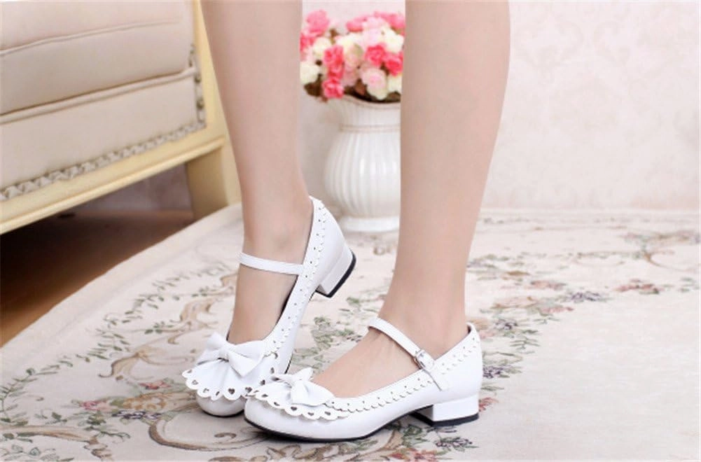 Japanese Sweet Lolita Tea Party Shoes Flounce Trim Bowtie Mary Jane Low Heel Shoes