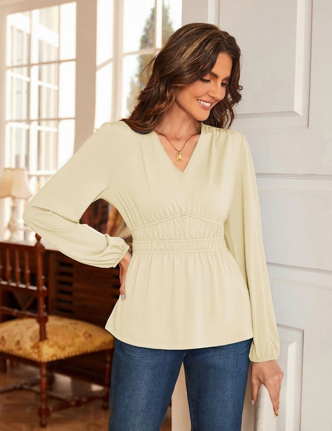 JASAMBAC Women's Elegant V Neck Peplum Tops Shirred Elastic Waist Long Sleeve Shirts Wrap Casual Business Work Blouses
