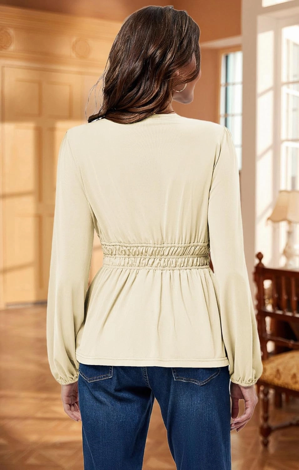 JASAMBAC Women's Elegant V Neck Peplum Tops Shirred Elastic Waist Long Sleeve Shirts Wrap Casual Business Work Blouses