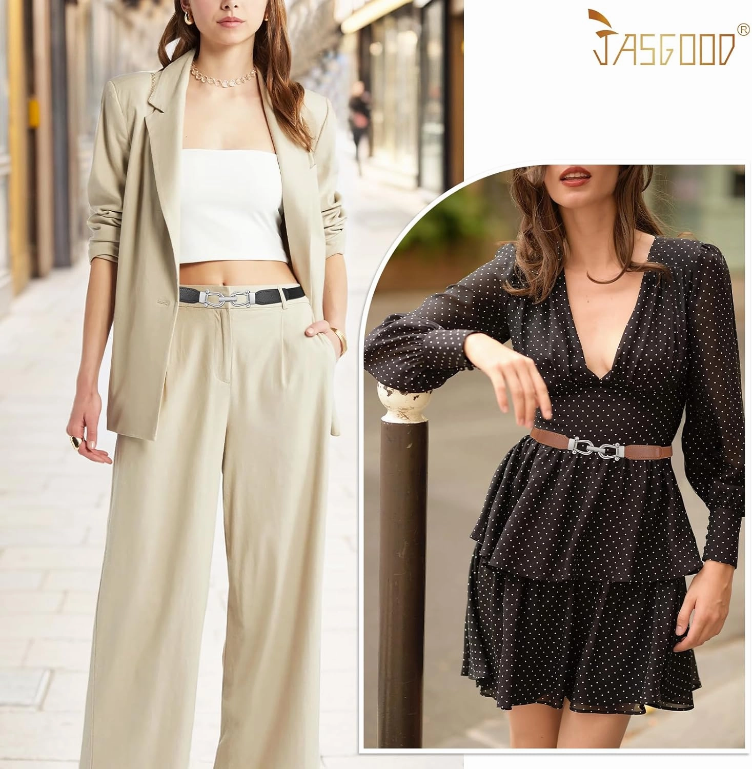 JASGOOD Women Skinny Elastic Belt for Dresses,Thin Retro Stretch Waist Belt with Golden Buckle