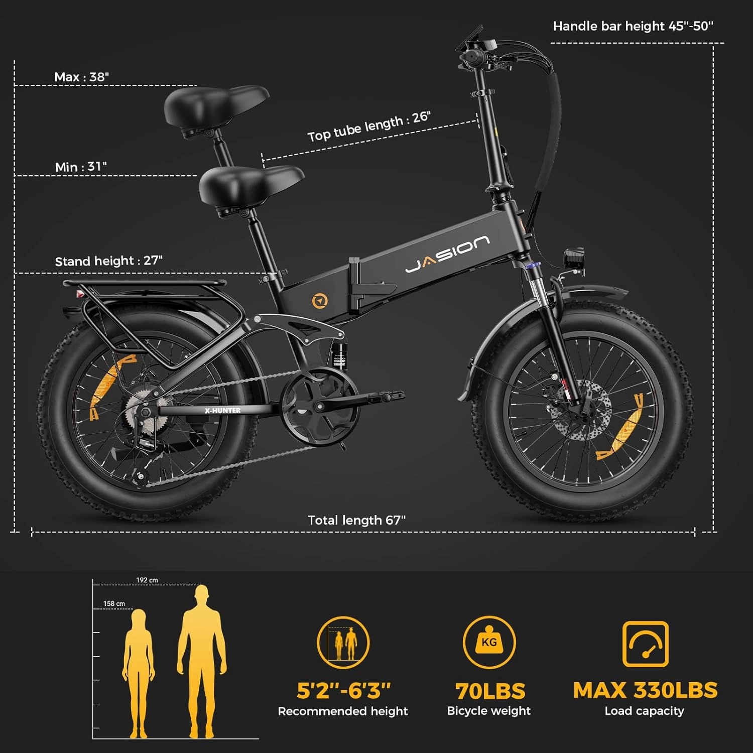 Jasion X-Hunter Electric Bike for Adults,1400W Peak Motor 30MPH Max Speed,48V 13AH Removable Battery, Full Suspension System Design,20''*4.0 Fat Tire Foldable Ebike 7-Speed Bicycles