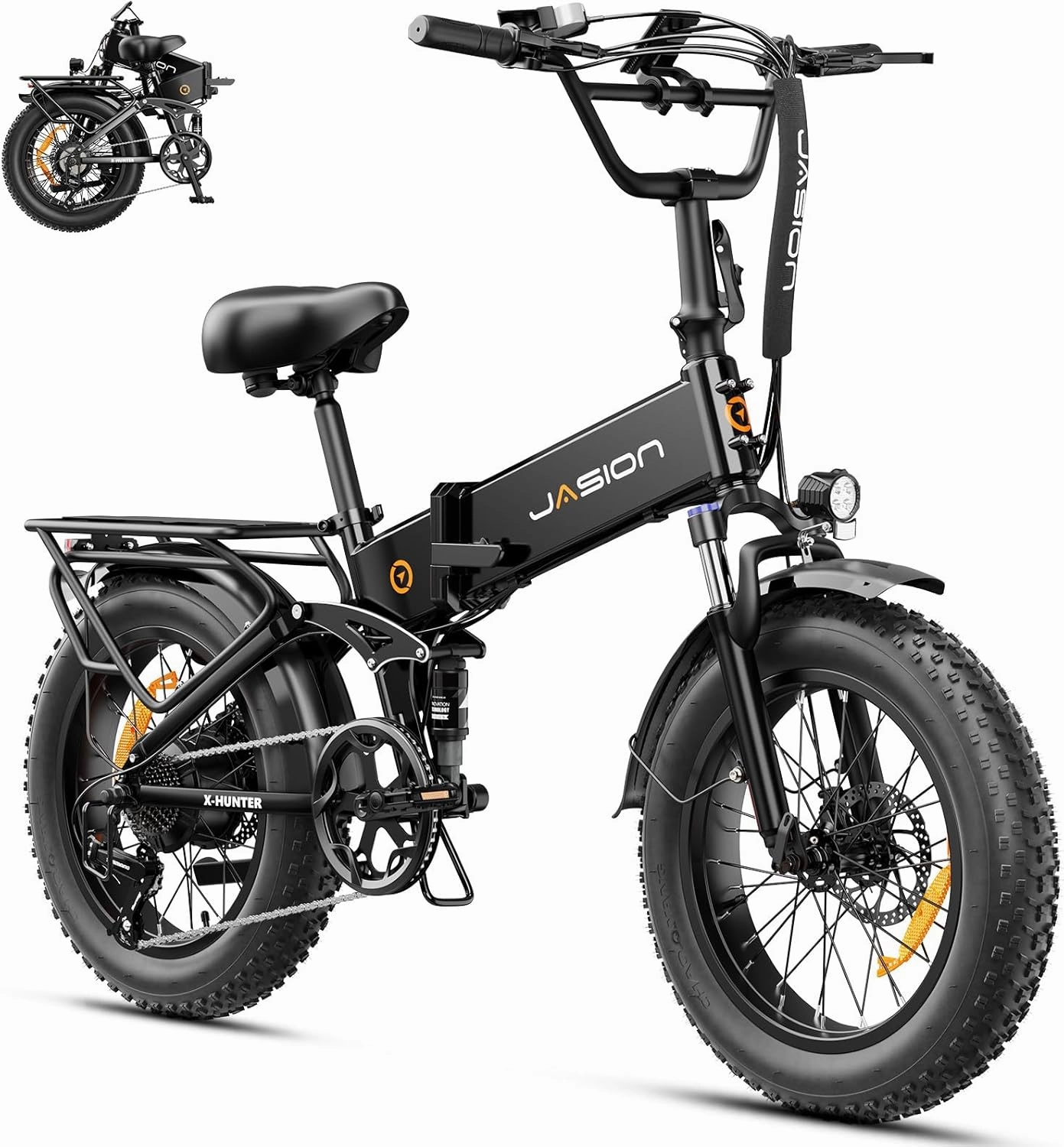 Jasion X-Hunter Electric Bike for Adults,1400W Peak Motor 30MPH Max Speed,48V 13AH Removable Battery, Full Suspension System Design,20''*4.0 Fat Tire Foldable Ebike 7-Speed Bicycles