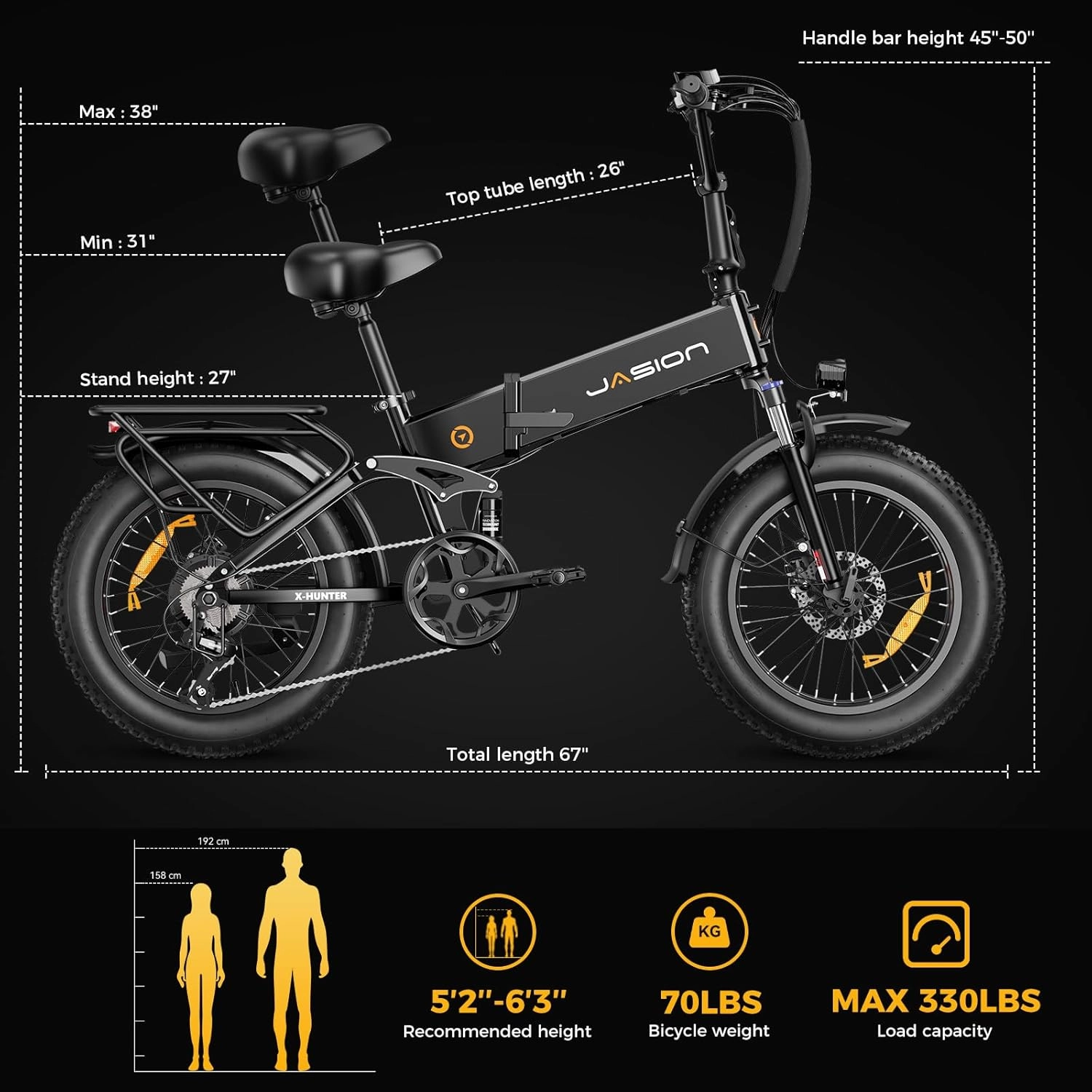Jasion X-Hunter Electric Bike for Adults,1400W Peak Motor 30MPH Max Speed,48V 13AH Removable Battery, Full Suspension System Design,20''*4.0 Fat Tire Foldable Ebike 7-Speed Bicycles