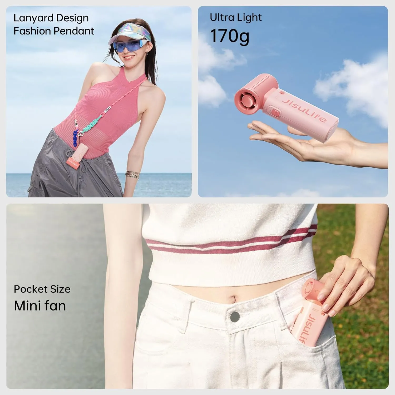 JISULIFE Portable Handheld Fan Life9, Turbo Power High Speed Air [18H Max Cooling Time], 5 Gear Wind, 5000mAh Rechargeable, Mini Pocket Design, Personal Fan for Travel Concerts Cruise Makeup - Pink