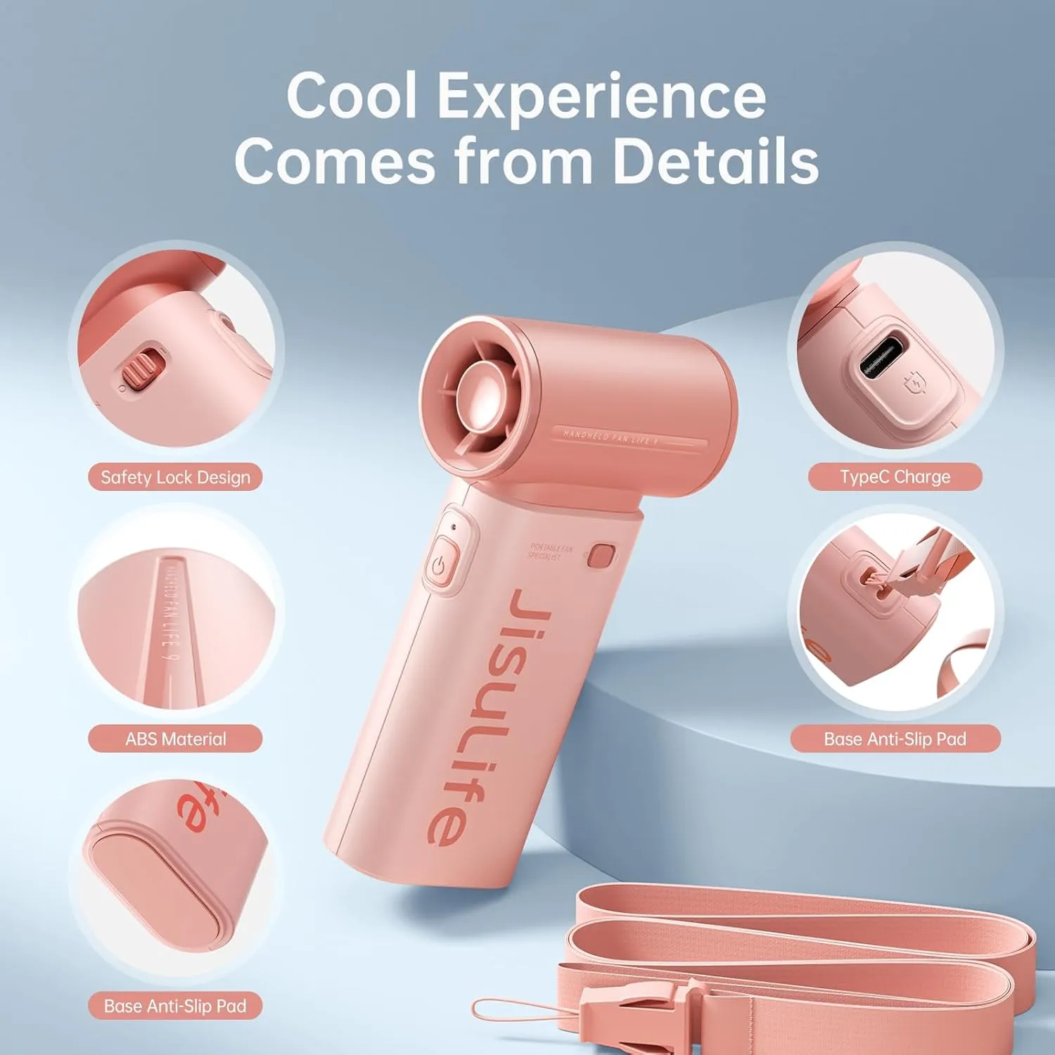 JISULIFE Portable Handheld Fan Life9, Turbo Power High Speed Air [18H Max Cooling Time], 5 Gear Wind, 5000mAh Rechargeable, Mini Pocket Design, Personal Fan for Travel Concerts Cruise Makeup - Pink