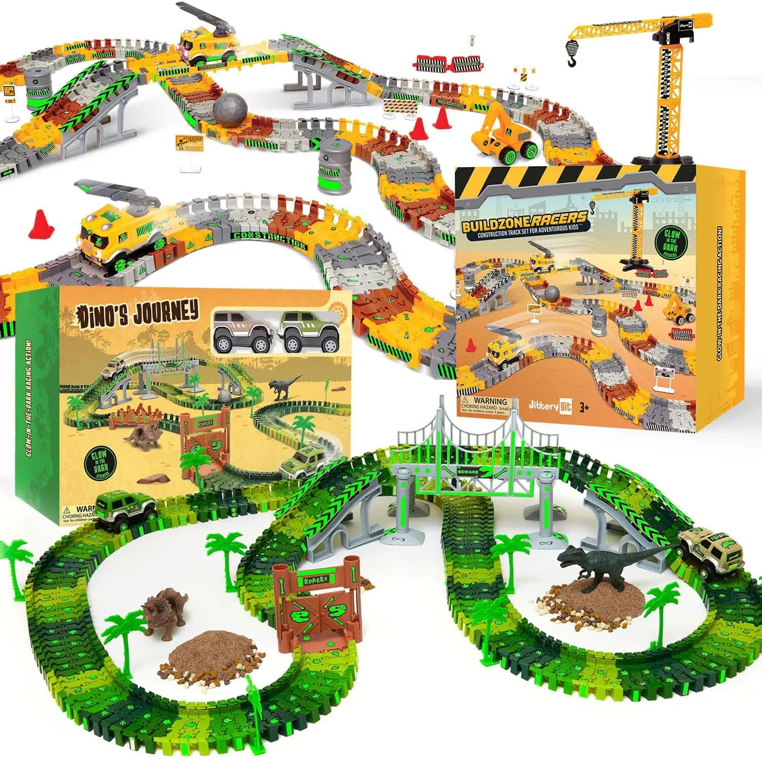 JITTERYGIT Dino Track Train and Construction Track Site Christmas Bundle Gift, Glow in The Dark Playset Racing Play Site Set,Cool Racetrack Present for Children, Ages 3 4 5 6 7 8 9 Years Old