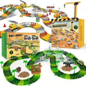 JITTERYGIT Dino Track Train and Construction Track Site Christmas Bundle Gift, Glow in The Dark Playset Racing Play Site Set,Cool Racetrack Present for Children, Ages 3 4 5 6 7 8 9 Years Old