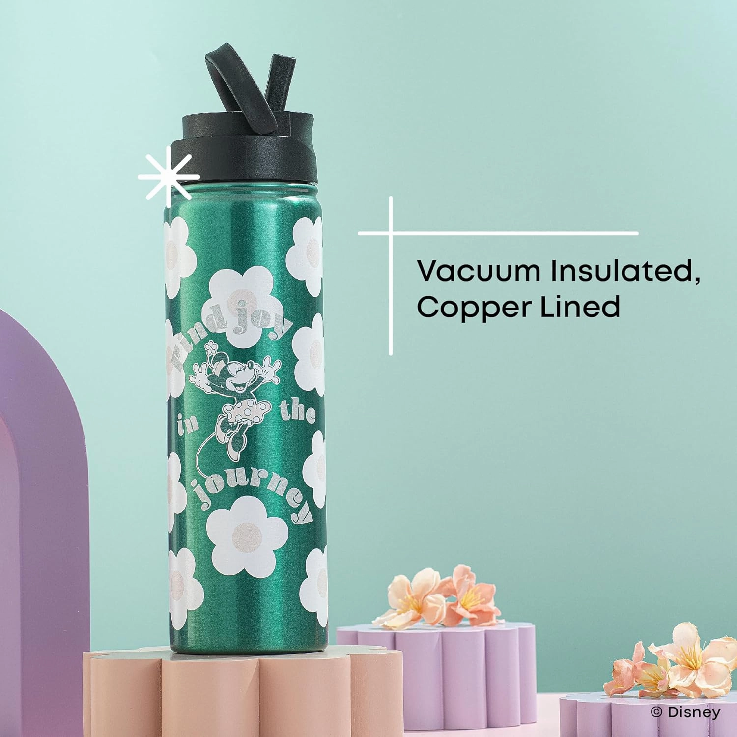 JoyJolt Disney Retro Vintage Stainless Steel Water Bottle ft Minnie Mouse, Reusable 22oz Vacuum Insulated Water Bottle Tumbler with Leak Proof Flip Straw Lid and Handle, Lead & BPA Free
