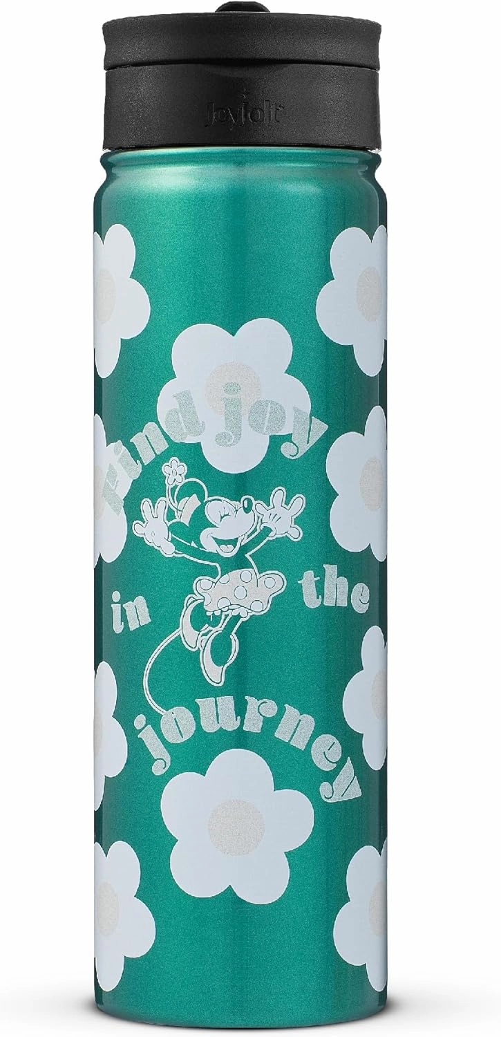 JoyJolt Disney Retro Vintage Stainless Steel Water Bottle ft Minnie Mouse, Reusable 22oz Vacuum Insulated Water Bottle Tumbler with Leak Proof Flip Straw Lid and Handle, Lead & BPA Free