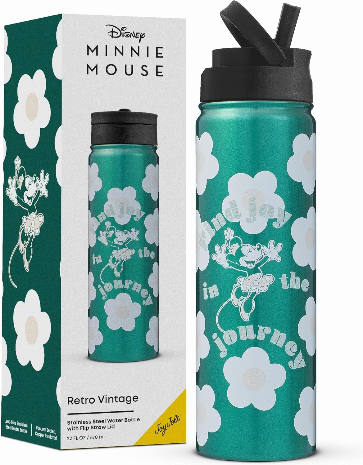 JoyJolt Disney Retro Vintage Stainless Steel Water Bottle ft Minnie Mouse, Reusable 22oz Vacuum Insulated Water Bottle Tumbler with Leak Proof Flip Straw Lid and Handle, Lead & BPA Free
