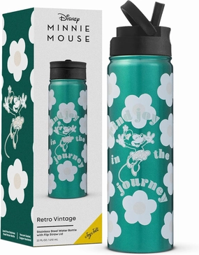 JoyJolt Disney Retro Vintage Stainless Steel Water Bottle ft Minnie Mouse, Reusable 22oz Vacuum Insulated Water Bottle Tumbler with Leak Proof Flip Straw Lid and Handle, Lead & BPA Free