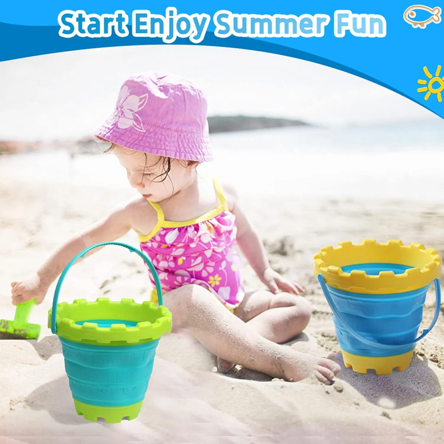 Jumbo Sand Beach Bucket Toys for Kids, Large Fodable Bucket with Mesh Bag, Silicon Travel Collasible Pail Toys For Sand Snow Fun, Sanbox Toy Garden Tools Perfect for Beach Snow Backyard Gifts 3 PACK