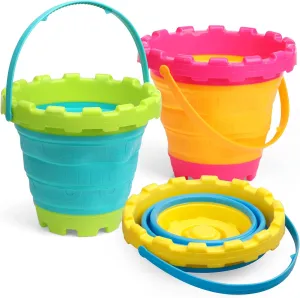 Jumbo Sand Beach Bucket Toys for Kids, Large Fodable Bucket with Mesh Bag, Silicon Travel Collasible Pail Toys For Sand Snow Fun, Sanbox Toy Garden Tools Perfect for Beach Snow Backyard Gifts 3 PACK