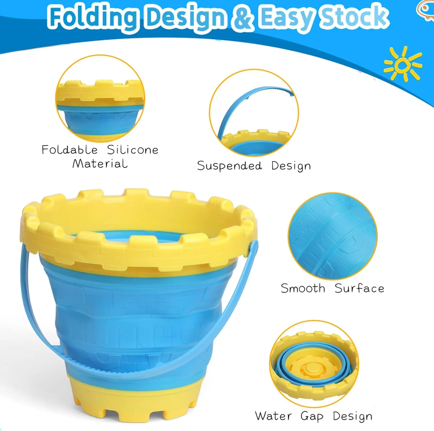 Jumbo Sand Beach Bucket Toys for Kids, Large Fodable Bucket with Mesh Bag, Silicon Travel Collasible Pail Toys For Sand Snow Fun, Sanbox Toy Garden Tools Perfect for Beach Snow Backyard Gifts 3 PACK