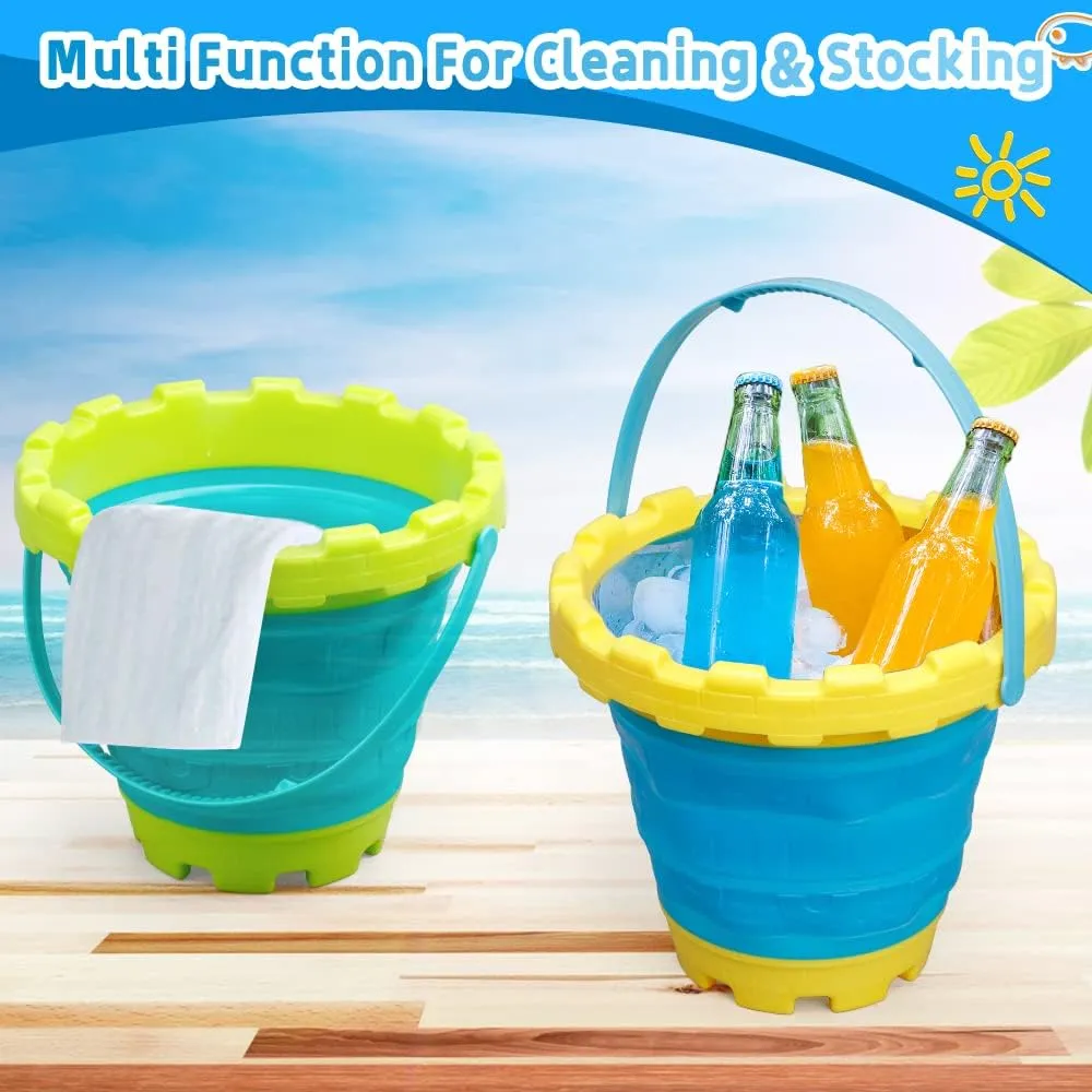 Jumbo Sand Beach Bucket Toys for Kids, Large Fodable Bucket with Mesh Bag, Silicon Travel Collasible Pail Toys For Sand Snow Fun, Sanbox Toy Garden Tools Perfect for Beach Snow Backyard Gifts 3 PACK