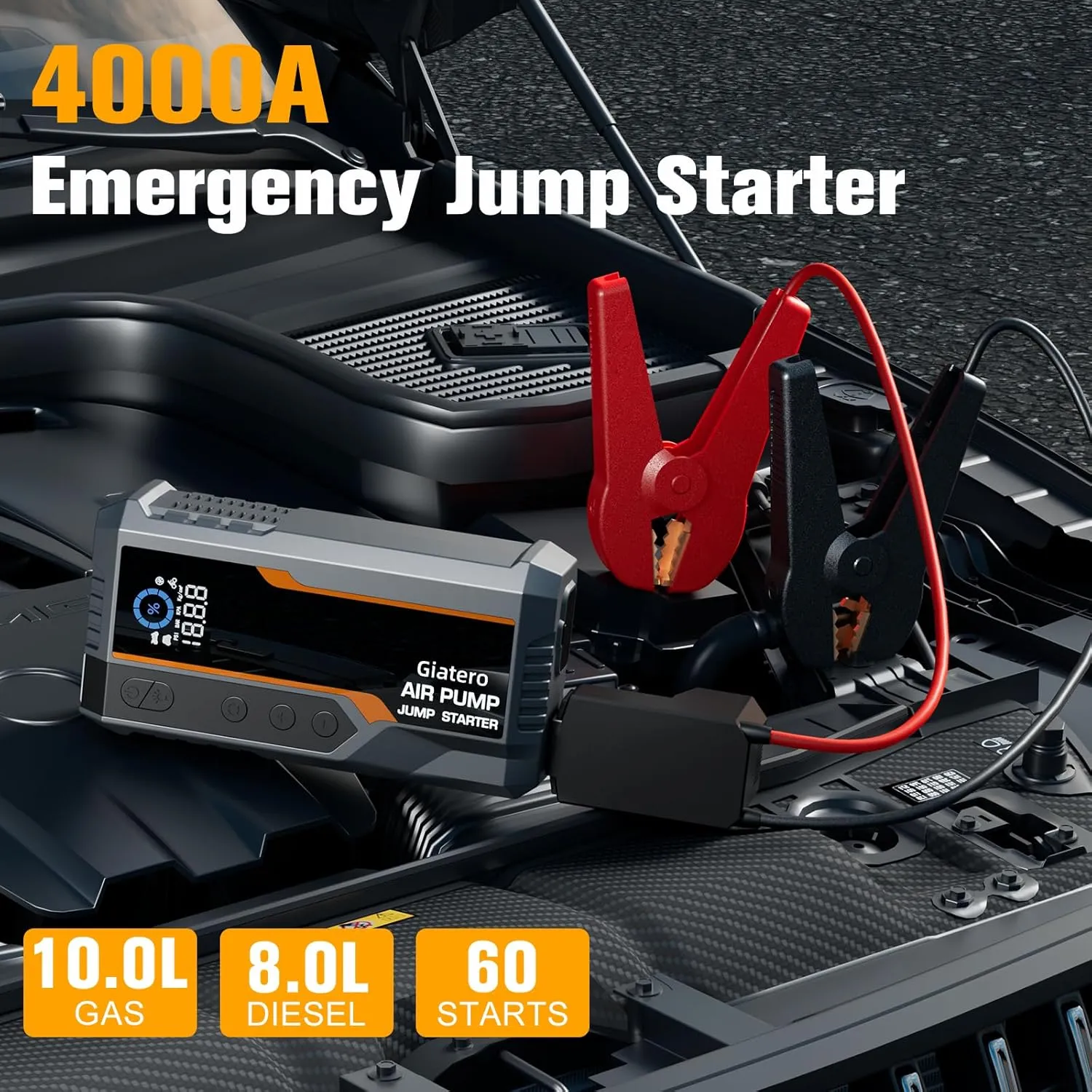 Jump Starter with Air Compressor, 4000A 150PSI Car Battery Jump Starter Portable (All Gas/10.0L Diesel), 12V Jump Box Battery Pack with Large LCD Display, 3 Modes Flashlight and Storage Bag