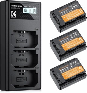 K&F Concept NP-FZ100 Battery and Three Slot Charger, 3-Pack Replacement Battery for Sony A7iii, A7iv, A7C, FX3, FX30, A9, A6600, A6700, ZV-E1, ZV-E10ii, Alpha 9, A9S, A7R III, A7R IV, A7RV, 2280mAh