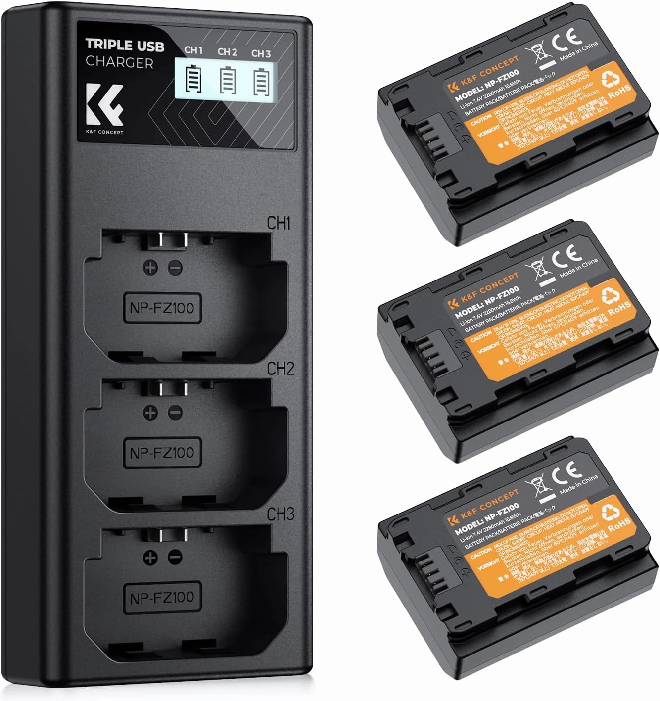 K&F Concept NP-FZ100 Battery and Three Slot Charger, 3-Pack Replacement Battery for Sony A7iii, A7iv, A7C, FX3, FX30, A9, A6600, A6700, ZV-E1, ZV-E10ii, Alpha 9, A9S, A7R III, A7R IV, A7RV, 2280mAh