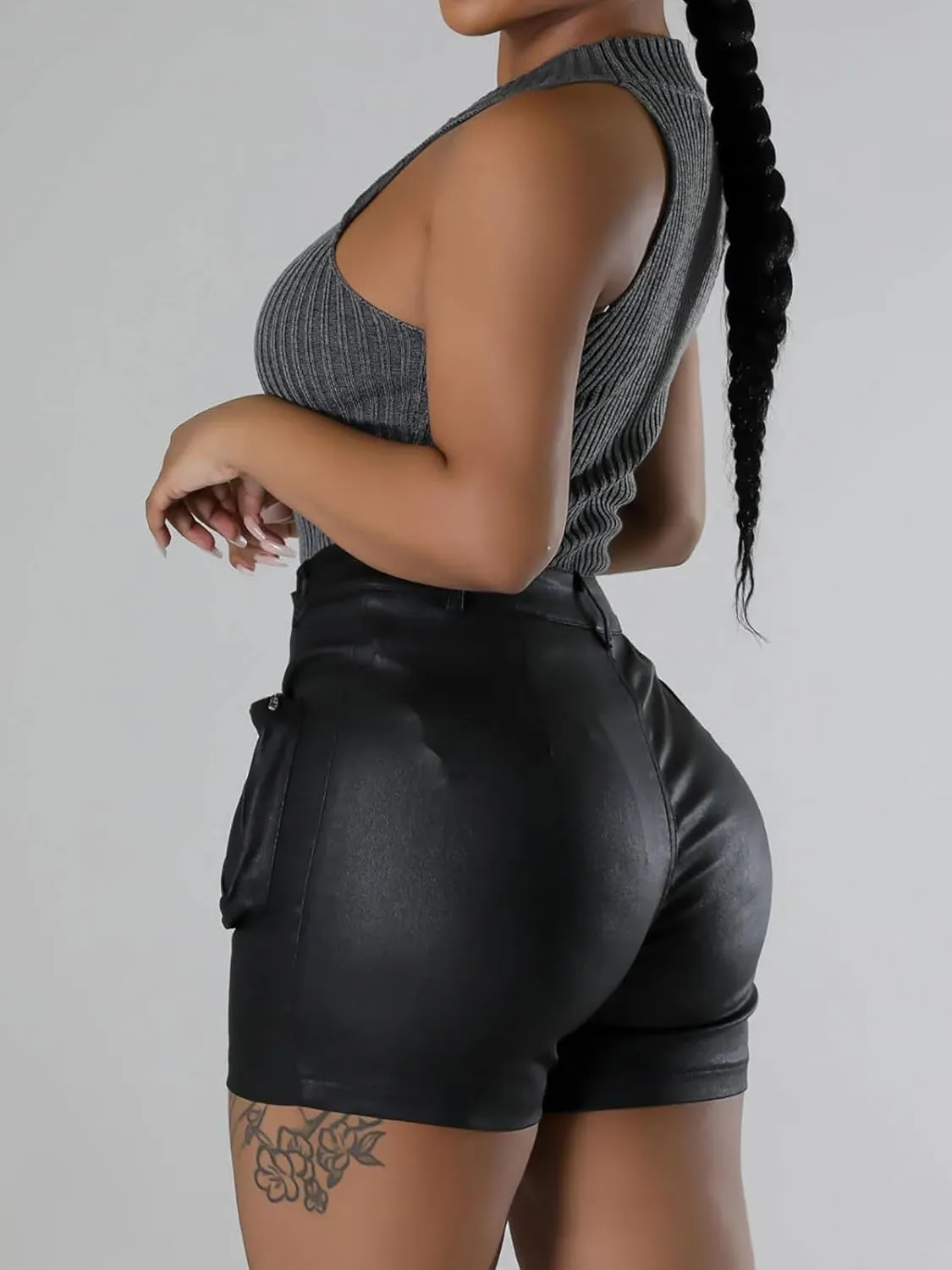 KANSOON Leather Shorts for Women Sexy Faux High Waisted Metallic Rave Cargo Shorts with Pockets