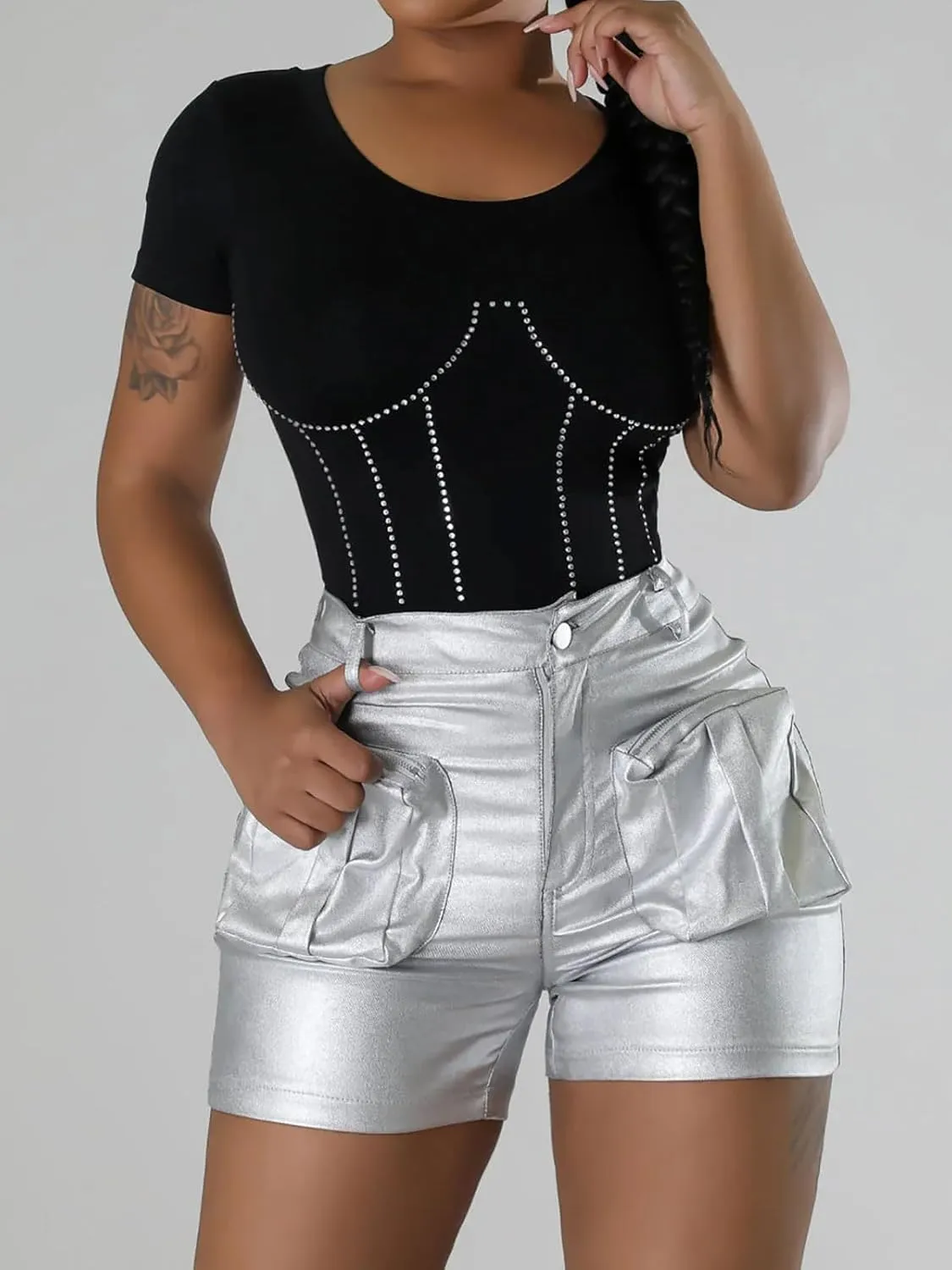 KANSOON Leather Shorts for Women Sexy Faux High Waisted Metallic Rave Cargo Shorts with Pockets
