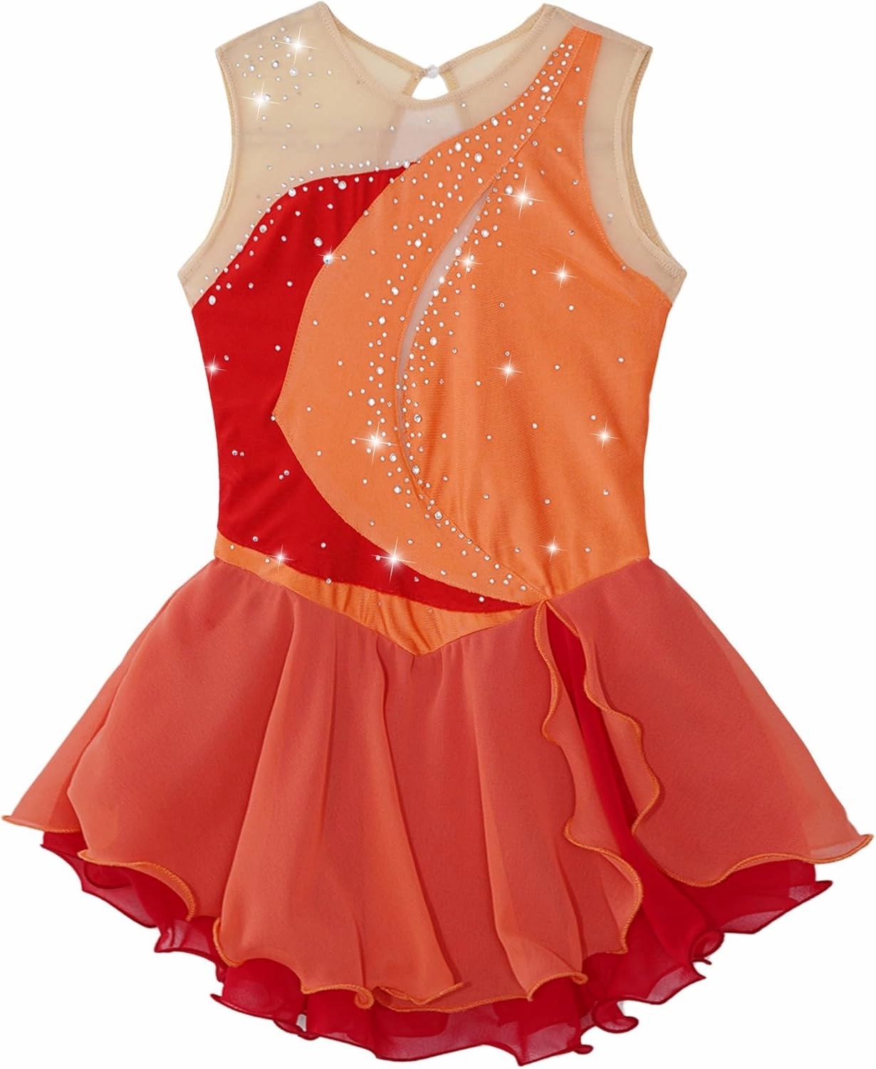 Kid Girls Ice Figure Skating Costume Patchwork Color Mesh Leotard Dress for Dance Performance