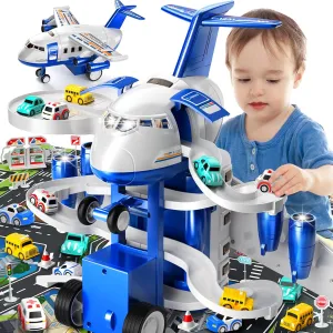 Kids Airplane Toy Racing Tracks for 3 4 5 6 7 Boys - Transport Airplane Vehicle with 8 Cars, Garage Parking Lot, Playmat, Toddler Boy Toy, Birthday Gifts for Boys Girls 3-5