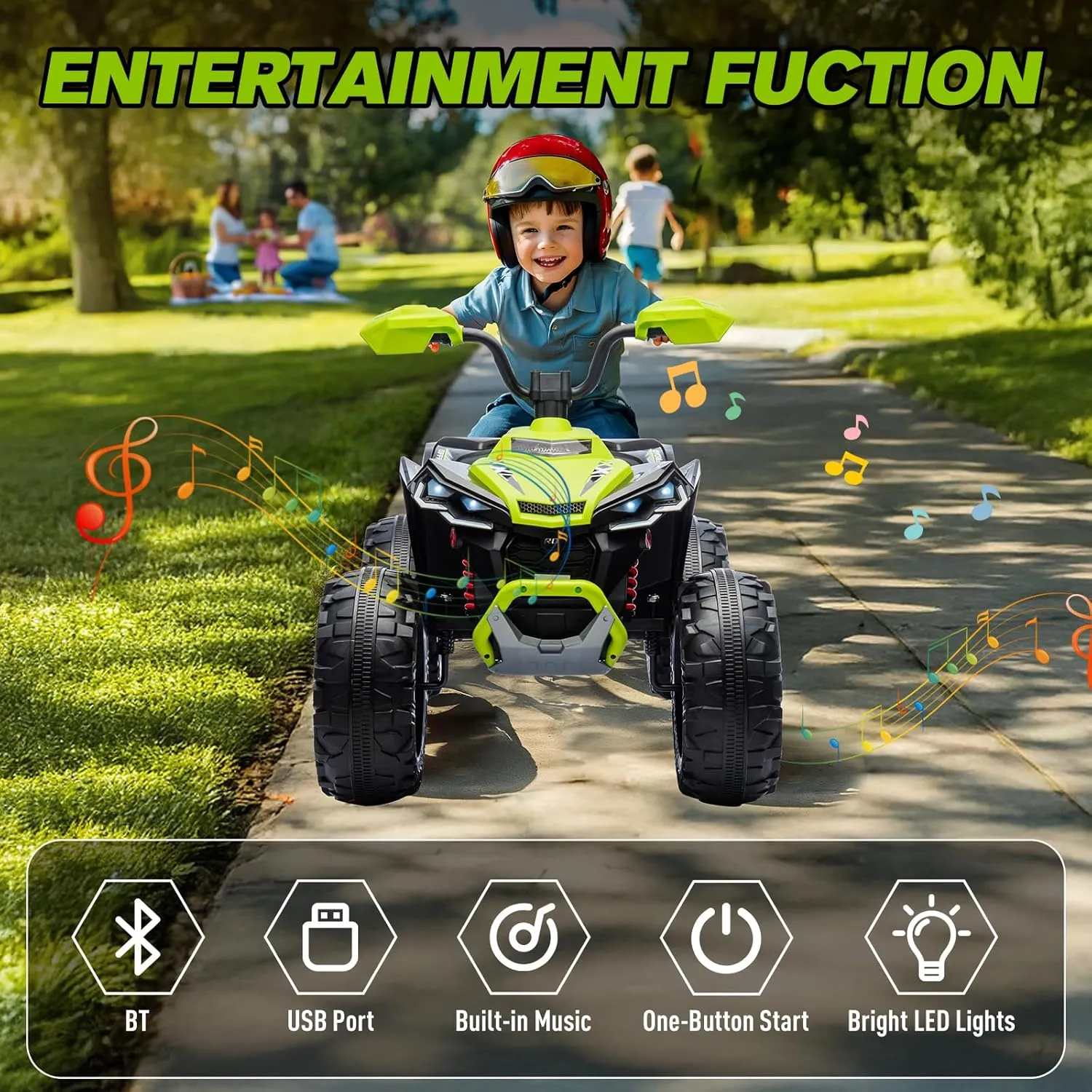 Kids ATV 4 Wheeler Ride on Eletric Motorcycle, 24V Battery Powered, Kids Electric Toy Car, with High&Low Speed, Music, Led Lights, Ride On Car for 3-8 Kids,Green