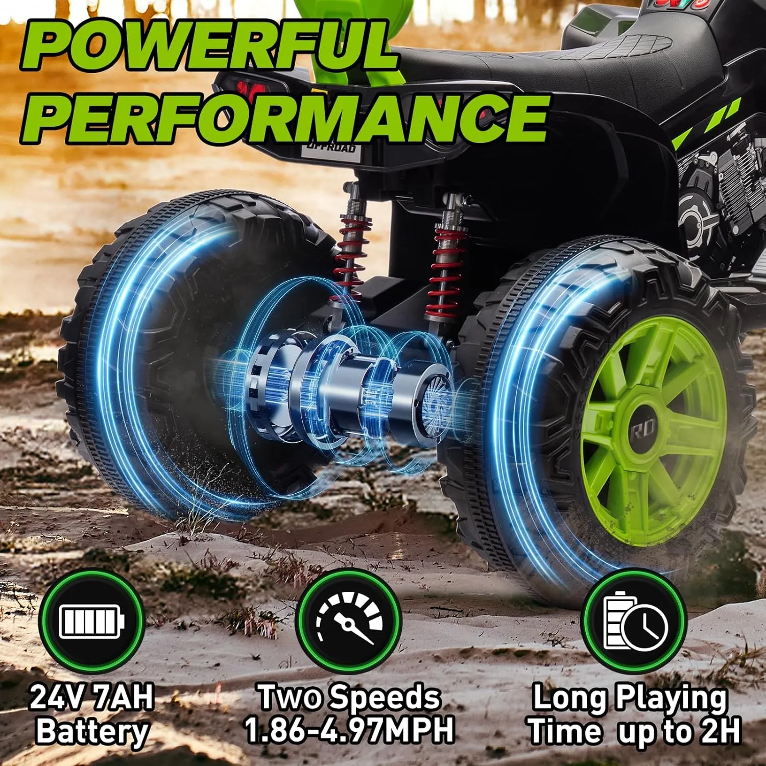 Kids ATV 4 Wheeler Ride on Eletric Motorcycle, 24V Battery Powered, Kids Electric Toy Car, with High&Low Speed, Music, Led Lights, Ride On Car for 3-8 Kids,Green