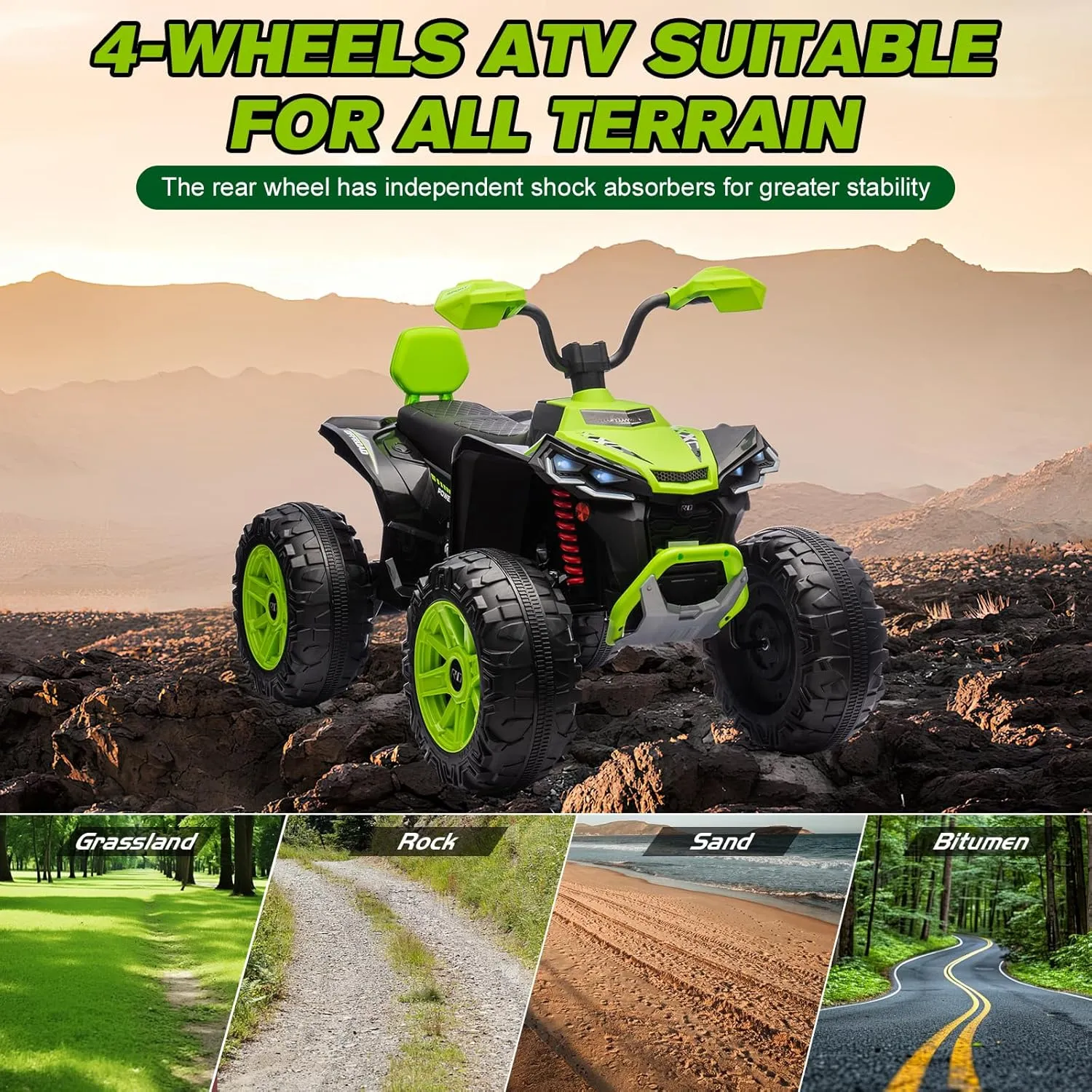 Kids ATV 4 Wheeler Ride on Eletric Motorcycle, 24V Battery Powered, Kids Electric Toy Car, with High&Low Speed, Music, Led Lights, Ride On Car for 3-8 Kids,Green