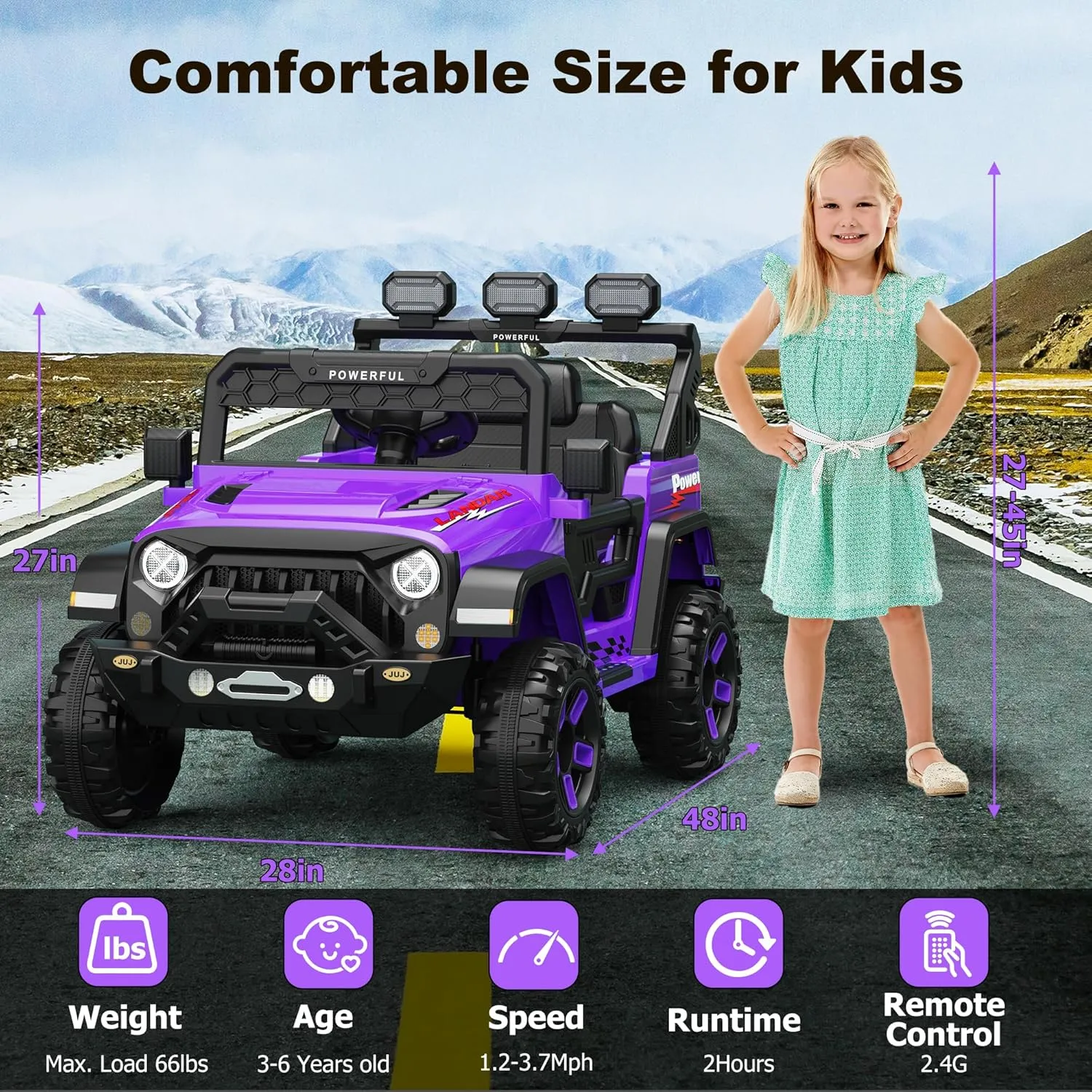 Kids Electric Vehicle, 12V Battery Powered Ride On Car with 2.4G Remote Control, Electric Car for Kids, 3 Speed Ride On Toy, Soft Start, LED Lights, Bluetooth, Purple