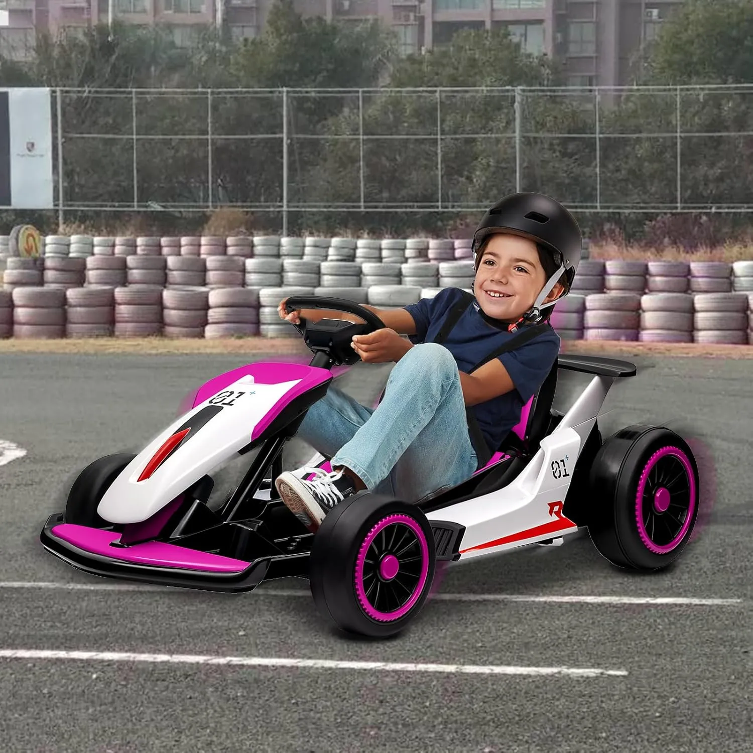 Kids Go Kart, Ride On Drift Kart with Dual 200W Motors, 24V Battery Powered Electric Drift Car, Outdoor 2-Speed Ride On Racing Toy for Boys Girls 6 , 8.1 Mph Max Speed, Pink White