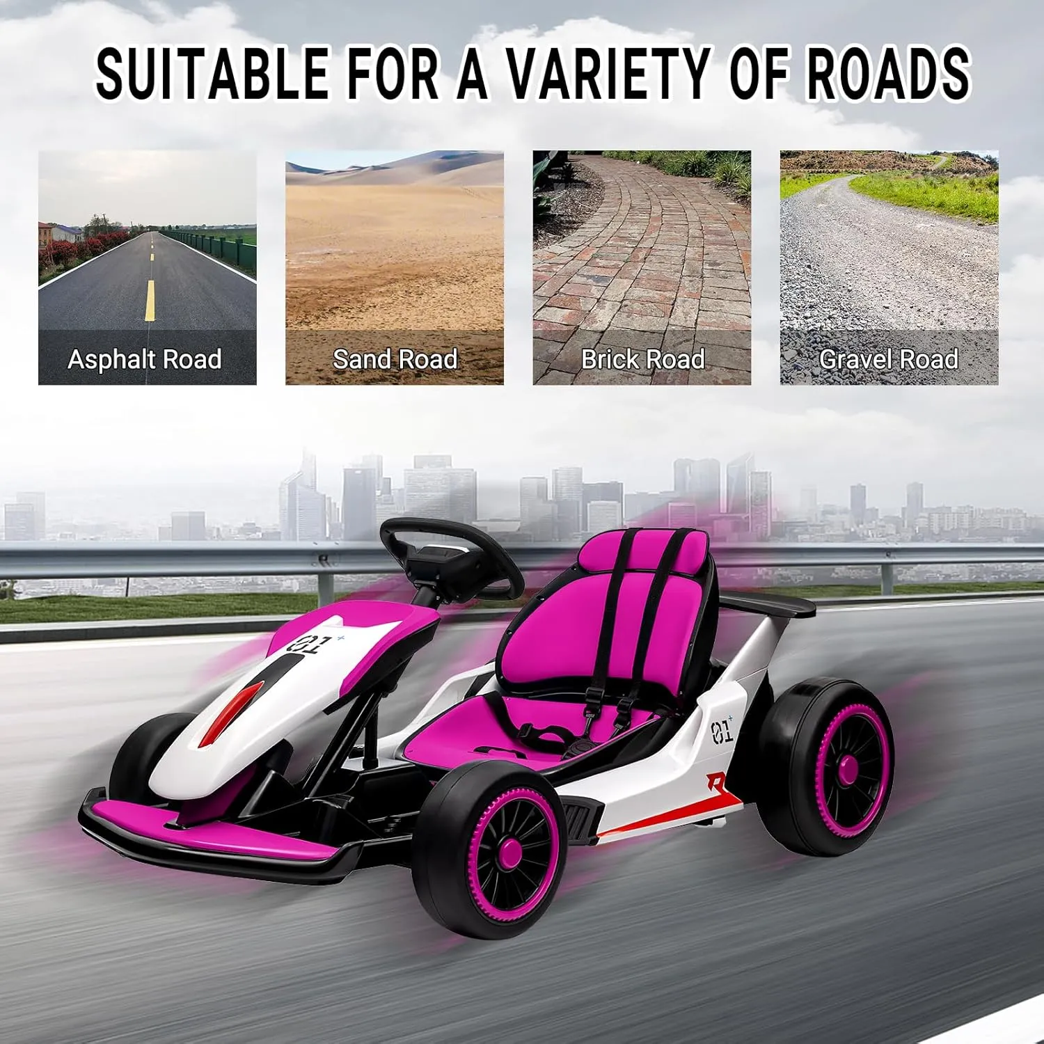 Kids Go Kart, Ride On Drift Kart with Dual 200W Motors, 24V Battery Powered Electric Drift Car, Outdoor 2-Speed Ride On Racing Toy for Boys Girls 6 , 8.1 Mph Max Speed, Pink White