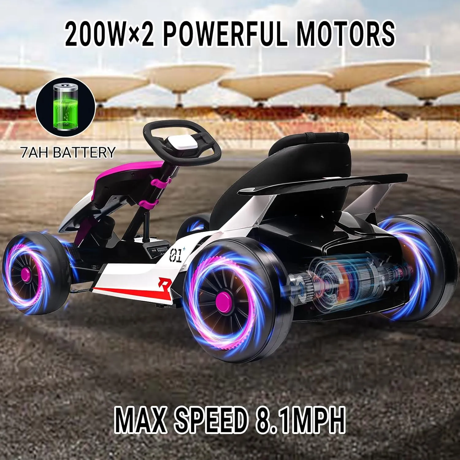 Kids Go Kart, Ride On Drift Kart with Dual 200W Motors, 24V Battery Powered Electric Drift Car, Outdoor 2-Speed Ride On Racing Toy for Boys Girls 6 , 8.1 Mph Max Speed, Pink White