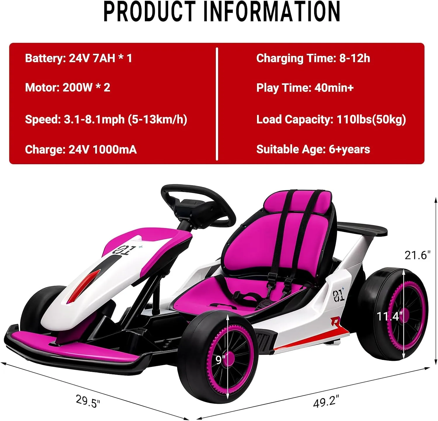 Kids Go Kart, Ride On Drift Kart with Dual 200W Motors, 24V Battery Powered Electric Drift Car, Outdoor 2-Speed Ride On Racing Toy for Boys Girls 6 , 8.1 Mph Max Speed, Pink White