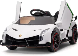 Kids Ride On Car, ElectraSpeedy Licensed Lamborghini Veneno 12V7Ah Battery-Powered Electric Vehicle w/Parent Remote, Rocking Mode, 3 Speeds, LED Light, Music, & Horn, Ride on Toy for Boys Girls, White