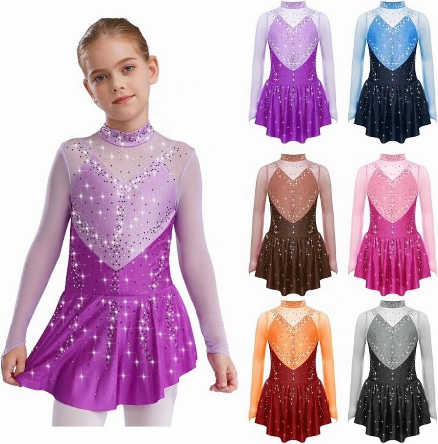 Kids Girls Figure Skating Dance Dresses with Shiny for Lyrical Modern Dance Competition and Stage Performance