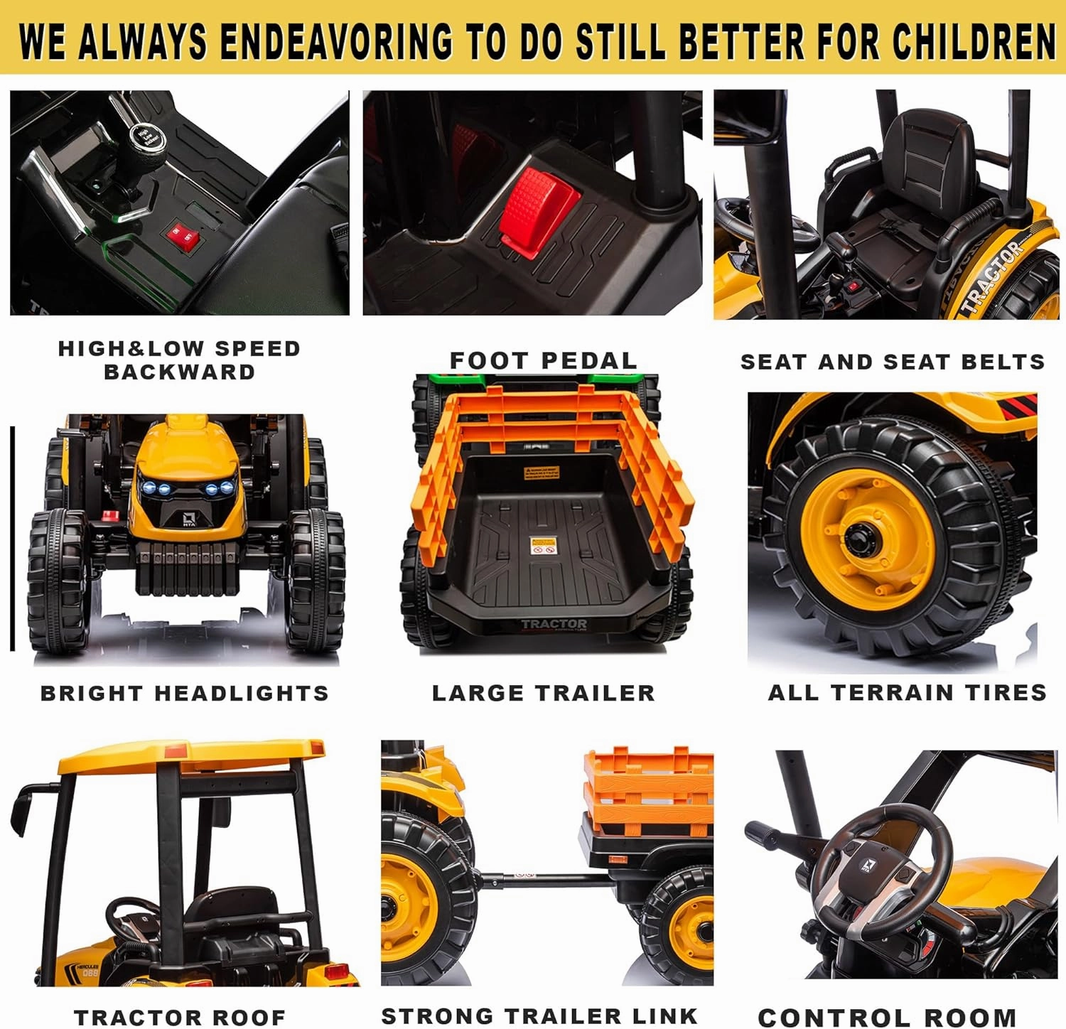 Kids Ride On Tractor, 24V Riding Tractor w/Trailer, Power Wheels 24V Ride on Toys for Boys Girls, Kids Ride on Car w/Dual Motor, Battery Powered Electric Riding Toys (Yellow Tractor with Trailer)