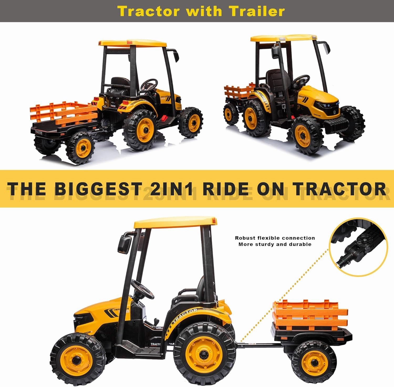 Kids Ride On Tractor, 24V Riding Tractor w/Trailer, Power Wheels 24V Ride on Toys for Boys Girls, Kids Ride on Car w/Dual Motor, Battery Powered Electric Riding Toys (Yellow Tractor with Trailer)