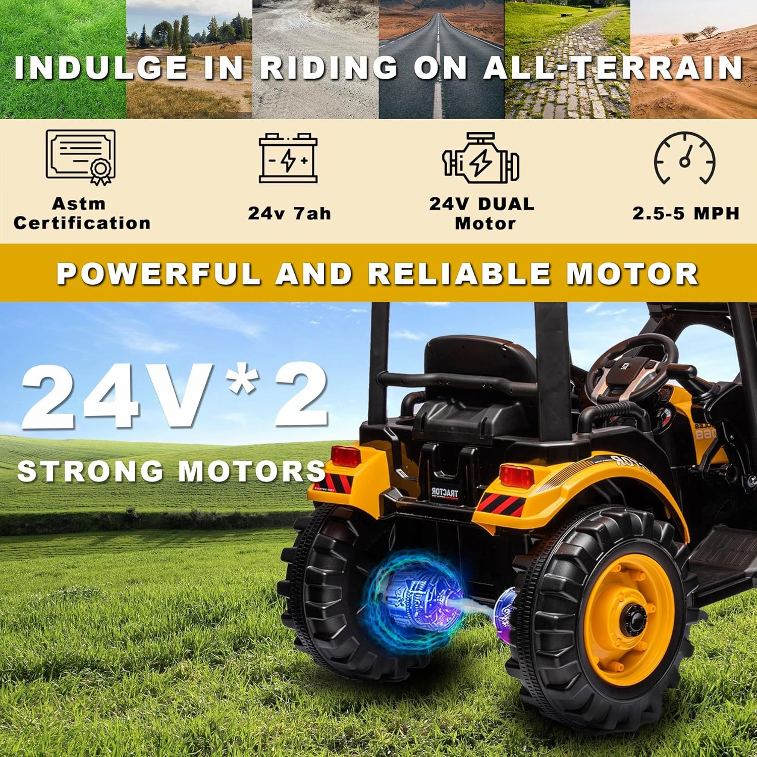 Kids Ride On Tractor, 24V Riding Tractor w/Trailer, Power Wheels 24V Ride on Toys for Boys Girls, Kids Ride on Car w/Dual Motor, Battery Powered Electric Riding Toys (Yellow Tractor with Trailer)