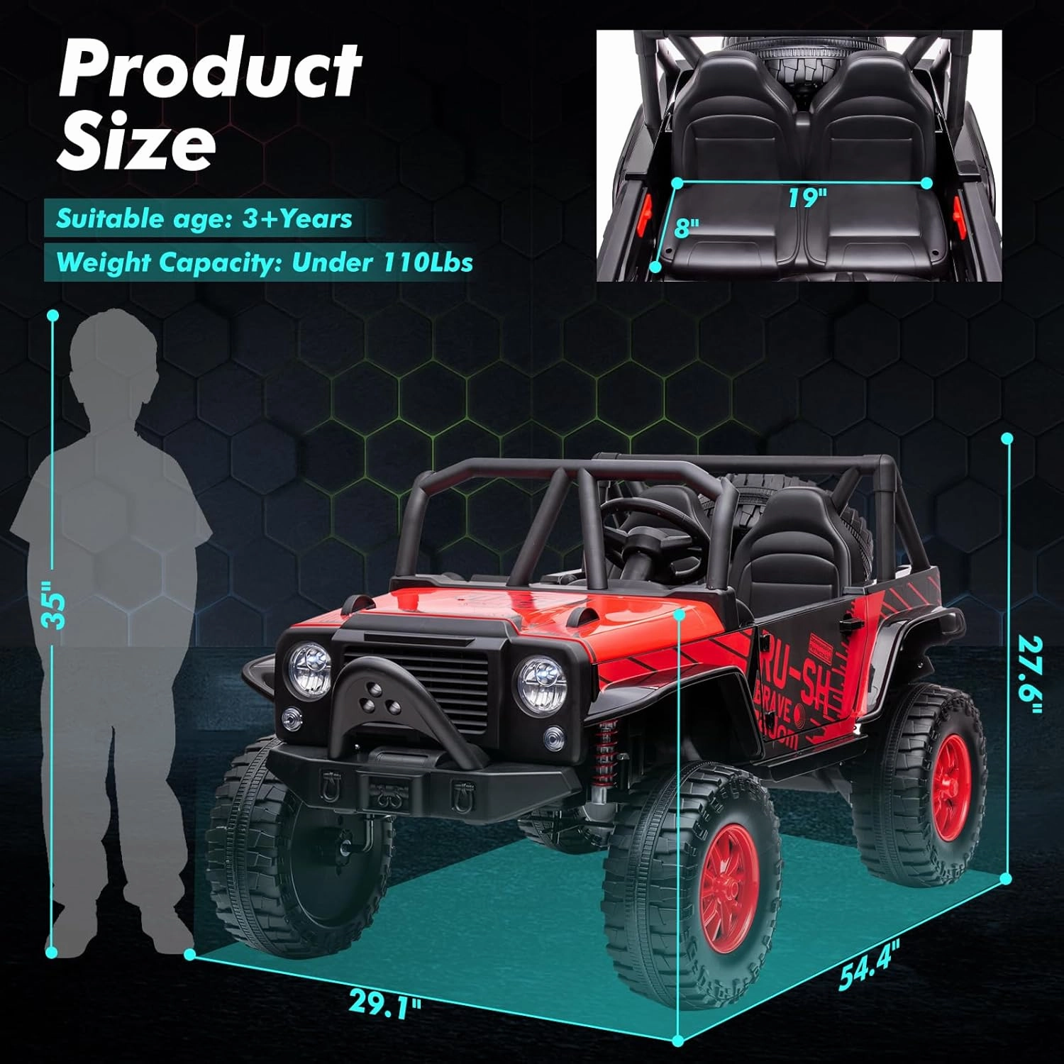 Kids Truck, 24V 2 Seater Kids Ride On Car with Remote Control, Electric Vehicle with 19" Wide Seat, Dual Motors, Soft Brake, LED Lights, and Spring Suspension