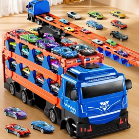 Kids Truck Toy for Boys Age 3-5, Carrier Truck Racing Track Playset, Transport Car Truck with 12 Die-cast Racing Cars, Boys Toys for 3 4 5 6 7 Years Old, Toddler Gifts Age 3-8 4-7 (Blue)