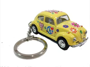 Kinsmart. Yellow Classic Love & Peace Volkswagen Hippie Beetle Keychain 164 Pastel Color Diecast Car, SMALL