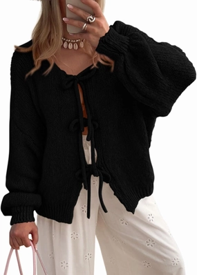 Kissonic Women's Tie Front Bow Cardigan Sweaters Y2K Bow Puff Long Sleeve Jacket 2024 Fall Trendy Tops